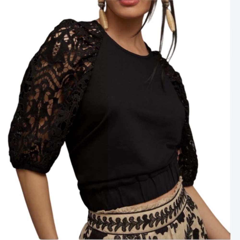 Dolan Anthropologie Lace Puff Sleeve Cropped Black Top - Medium